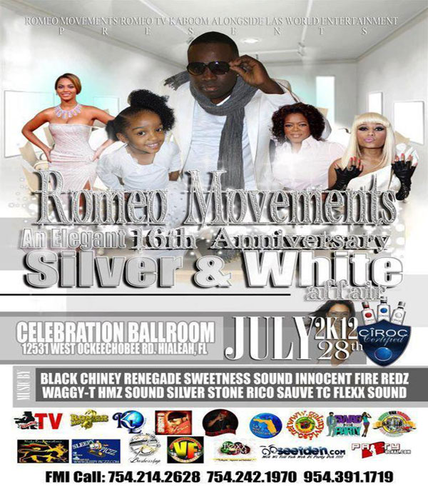 Romeo movements 16 yr Anniversary South florida dancehall party July 28