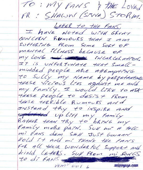 Gaza Member Shawn Storm letter to the fans from jail nov 2012