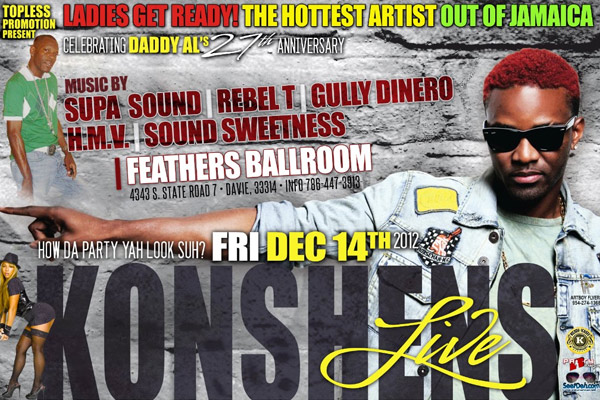 Konshens Live Friday Dec 14 South florida FEathers Ballroom
