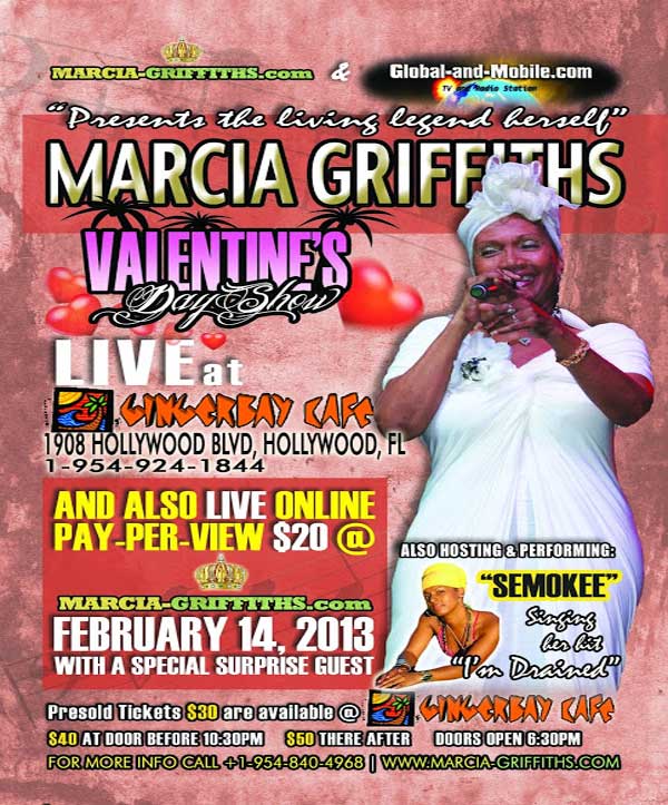 Live reggae South Florida Marcia Griffiths & friends Valentine Day feb 14 2013