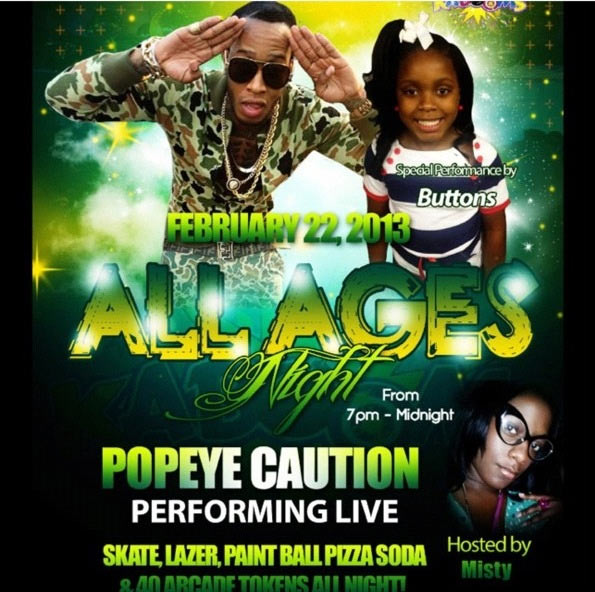 POPEYE CAUTION YOUNG BUTTONS ALL AGES PARTY FRIDAY 22 FEB 2013