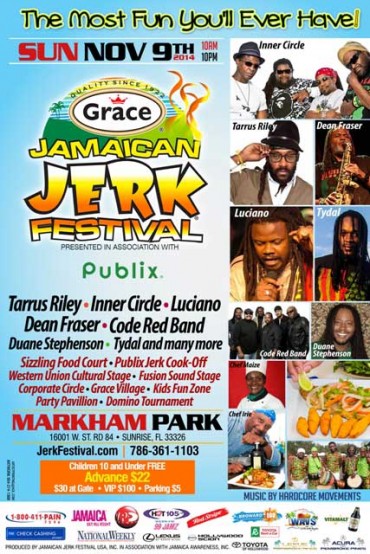 <strong>13th Annual Grace Jamaican Jerk Festival Line Up Markham Park Sunrise Sunday November 9</strong>